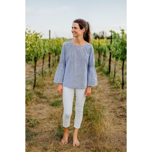 Beach Lunch Lounge Tops - Beach Lunch Lounge Blue & White Striped Bell-Sleeve Blouse 1X